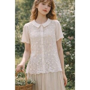 Pinky White Lace Button Front Blouse Peter Pan Collar Size Large Cottagecore